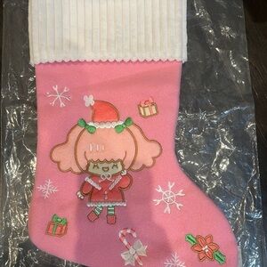 Blippo kawaii Christmas. Pink Holiday Stocking with Cute Character